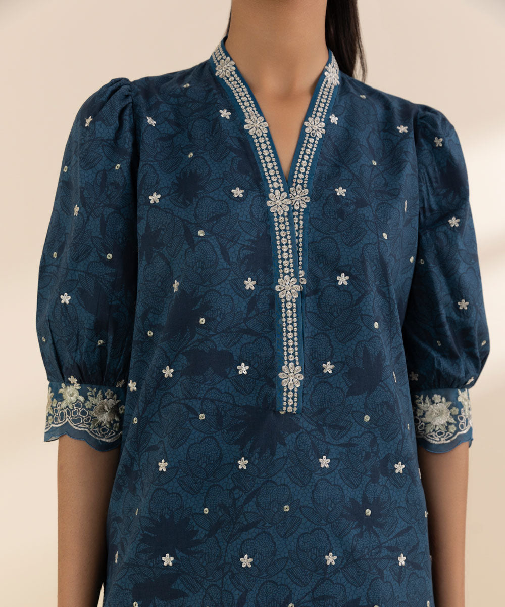 Women's Unstitched Lawn Embroidered Blue 2 Piece Suit