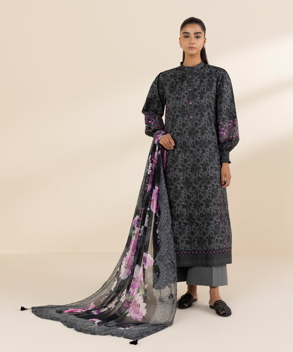 Women's Unstitched Lawn Embroidered Grey 2 Piece Suit