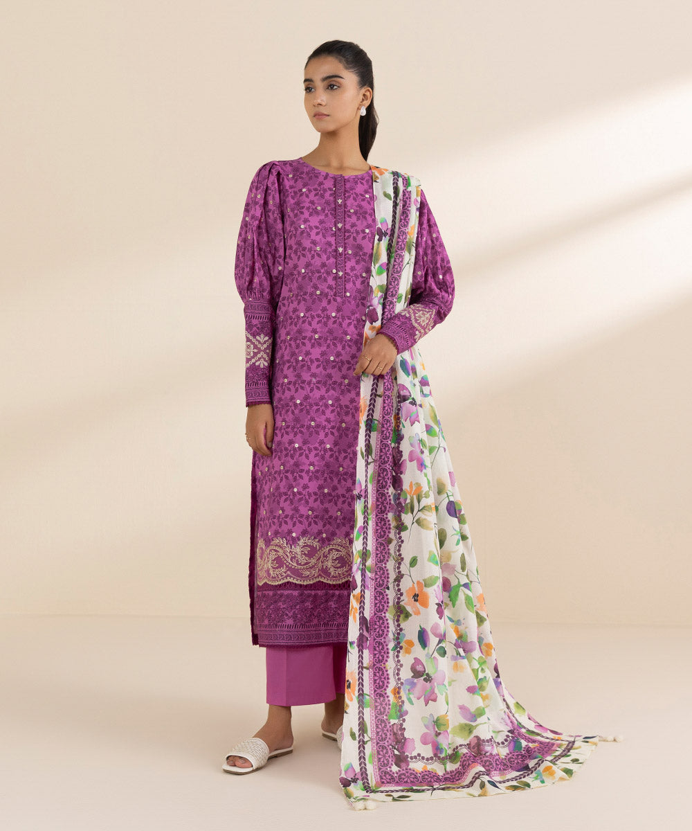 Women's Unstitched Lawn Embroidered Purple 2 Piece Suit