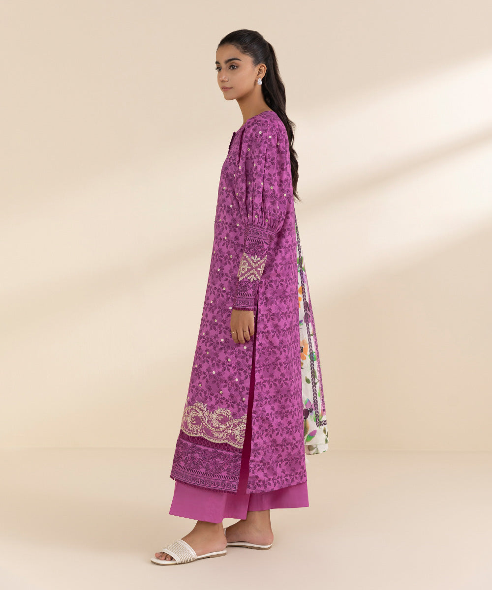 Women's Unstitched Lawn Embroidered Purple 2 Piece Suit