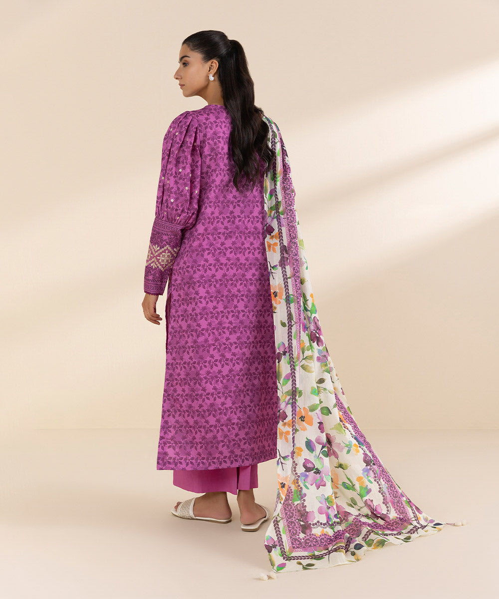 Women's Unstitched Lawn Embroidered Purple 2 Piece Suit