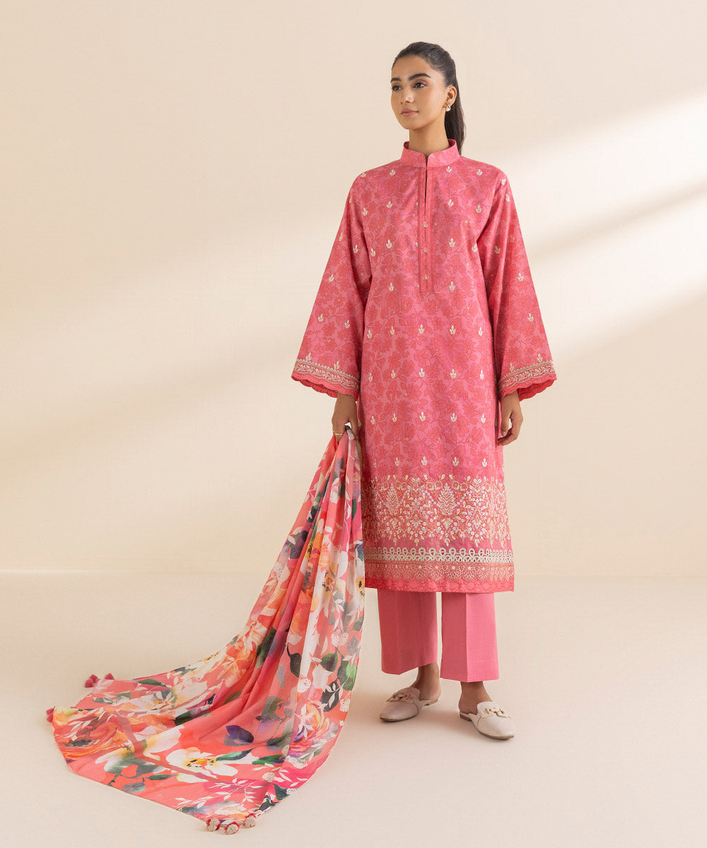 Women's Unstitched Lawn Embroidered Pink 2 Piece Suit