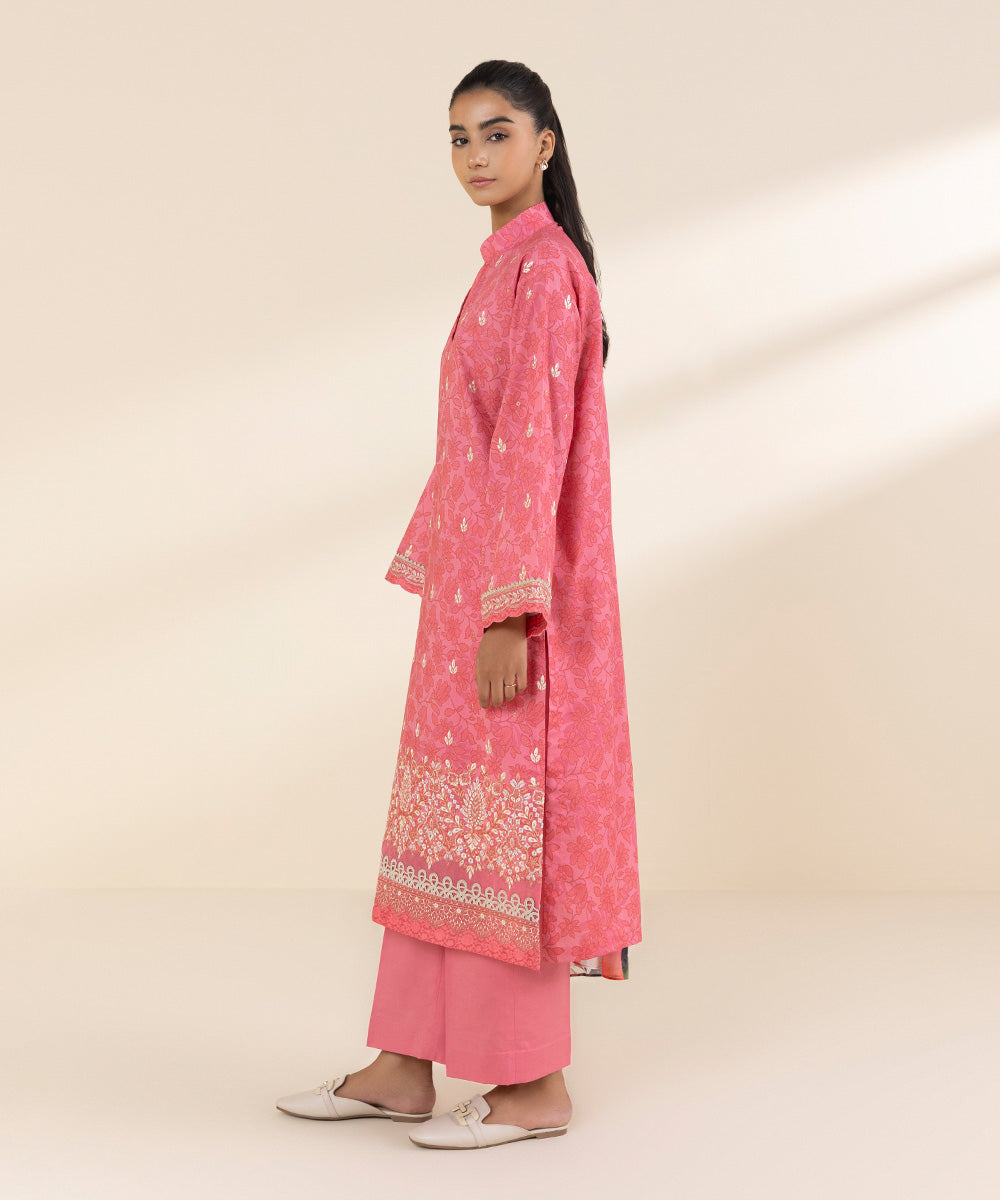 Women's Unstitched Lawn Embroidered Pink 2 Piece Suit