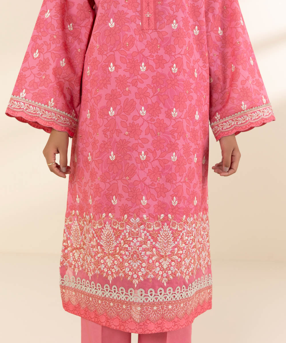 Women's Unstitched Lawn Embroidered Pink 2 Piece Suit