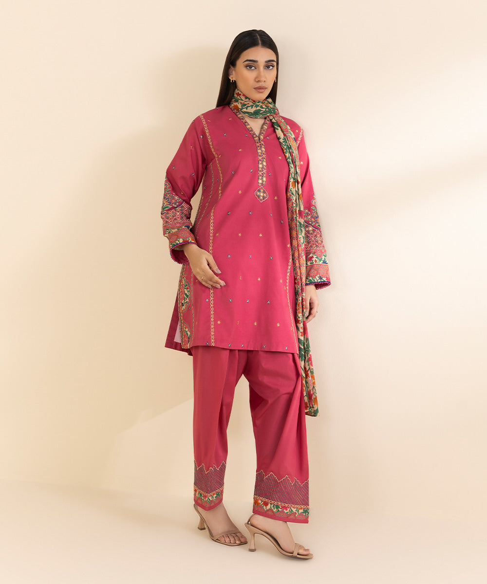 Unstitched Women's Embroidered Textured Lawn Pink Three Piece Suit 