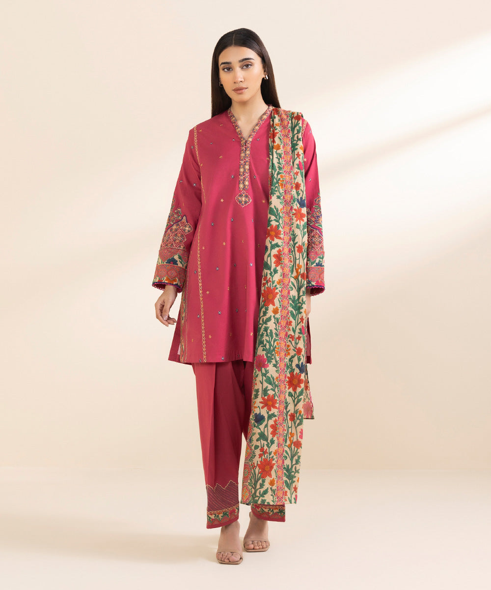 Unstitched Women's Embroidered Textured Lawn Pink Three Piece Suit 