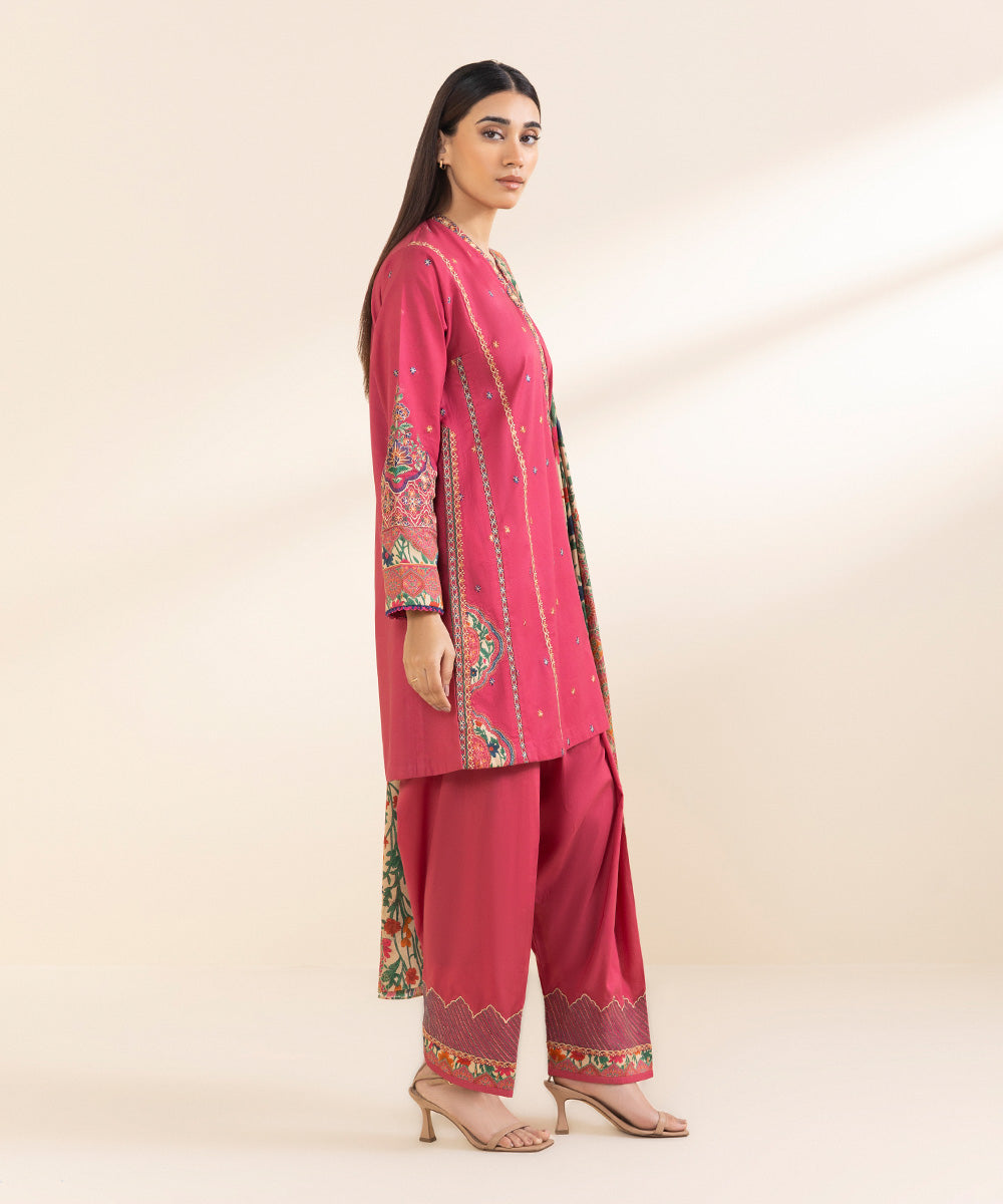 Unstitched Women's Embroidered Textured Lawn Pink Three Piece Suit 