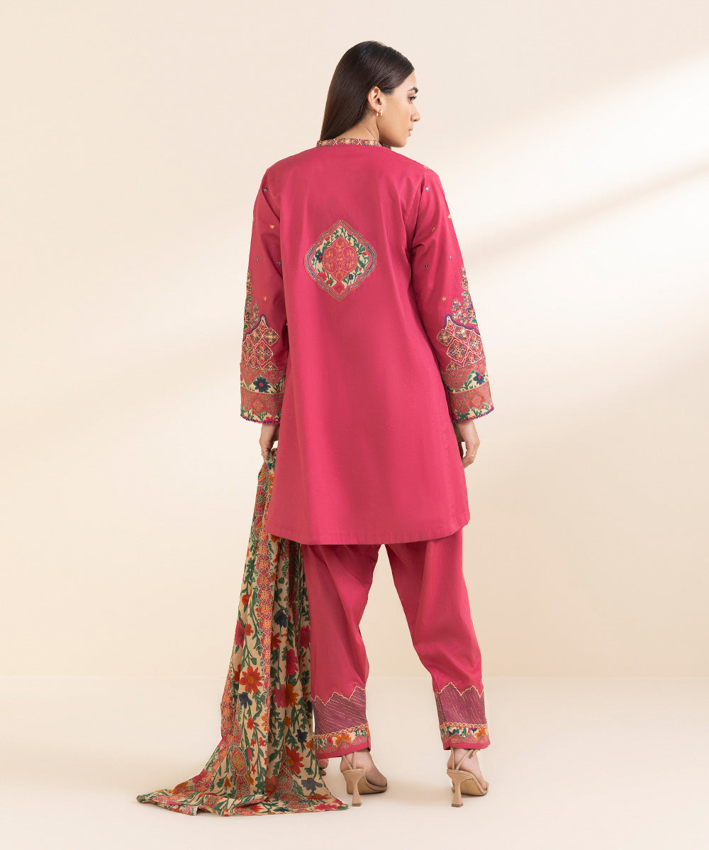 Unstitched Women's Embroidered Textured Lawn Pink Three Piece Suit 