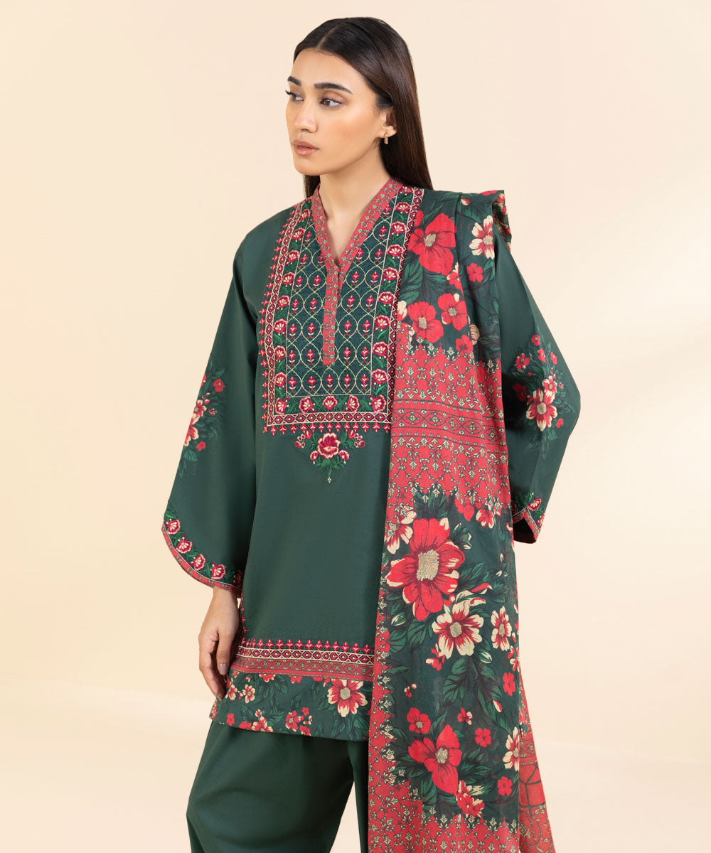 Unstitched Women's Embroidered Textured Lawn Green Three Piece Suit 