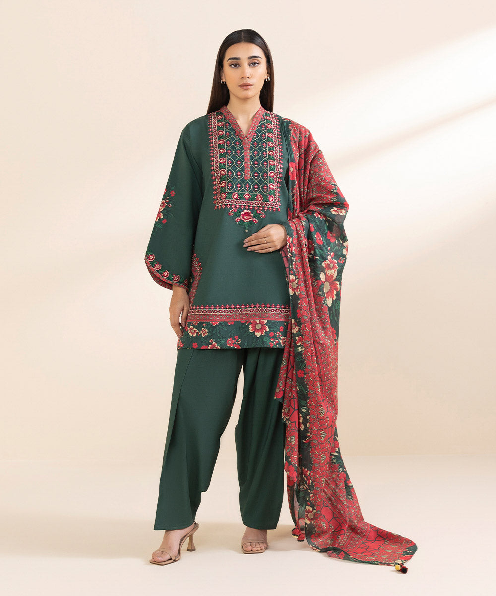 Unstitched Women's Embroidered Textured Lawn Green Three Piece Suit 