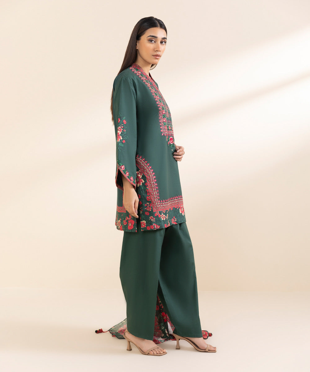 Unstitched Women's Embroidered Textured Lawn Green Three Piece Suit 