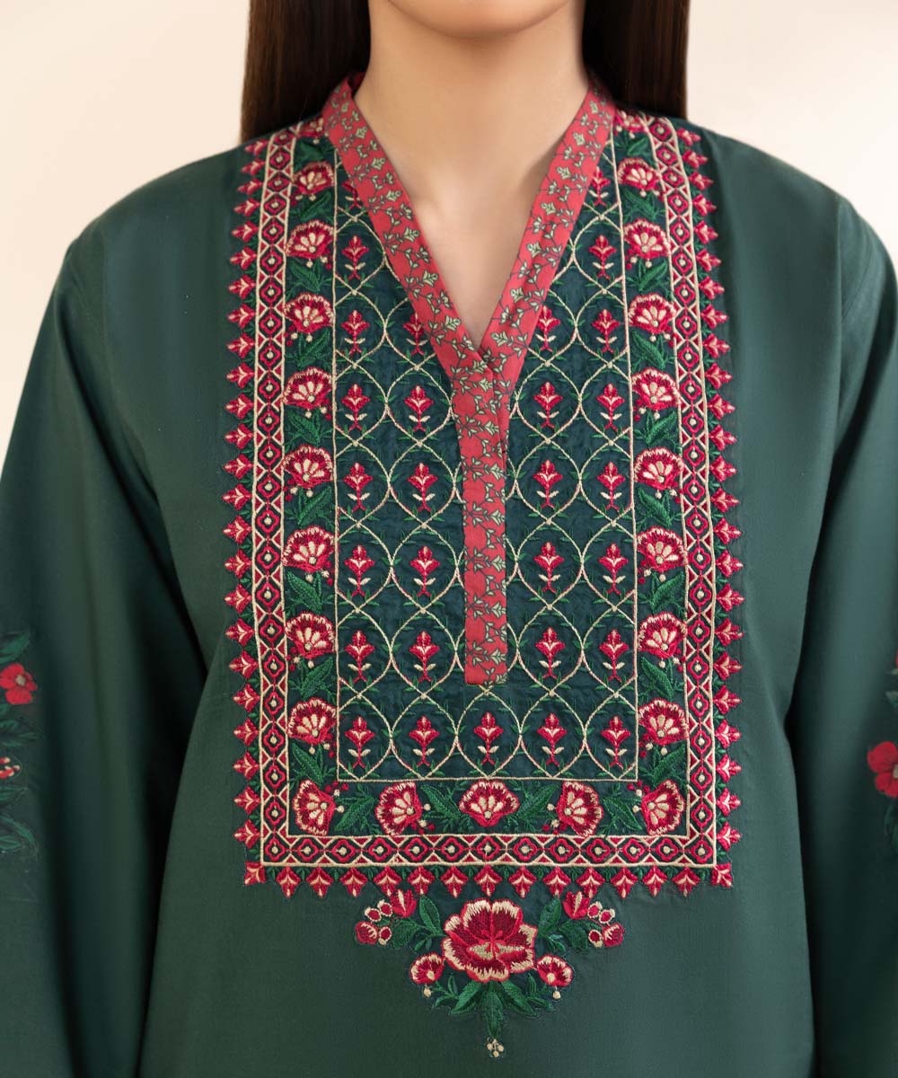 Unstitched Women's Embroidered Textured Lawn Green Three Piece Suit 