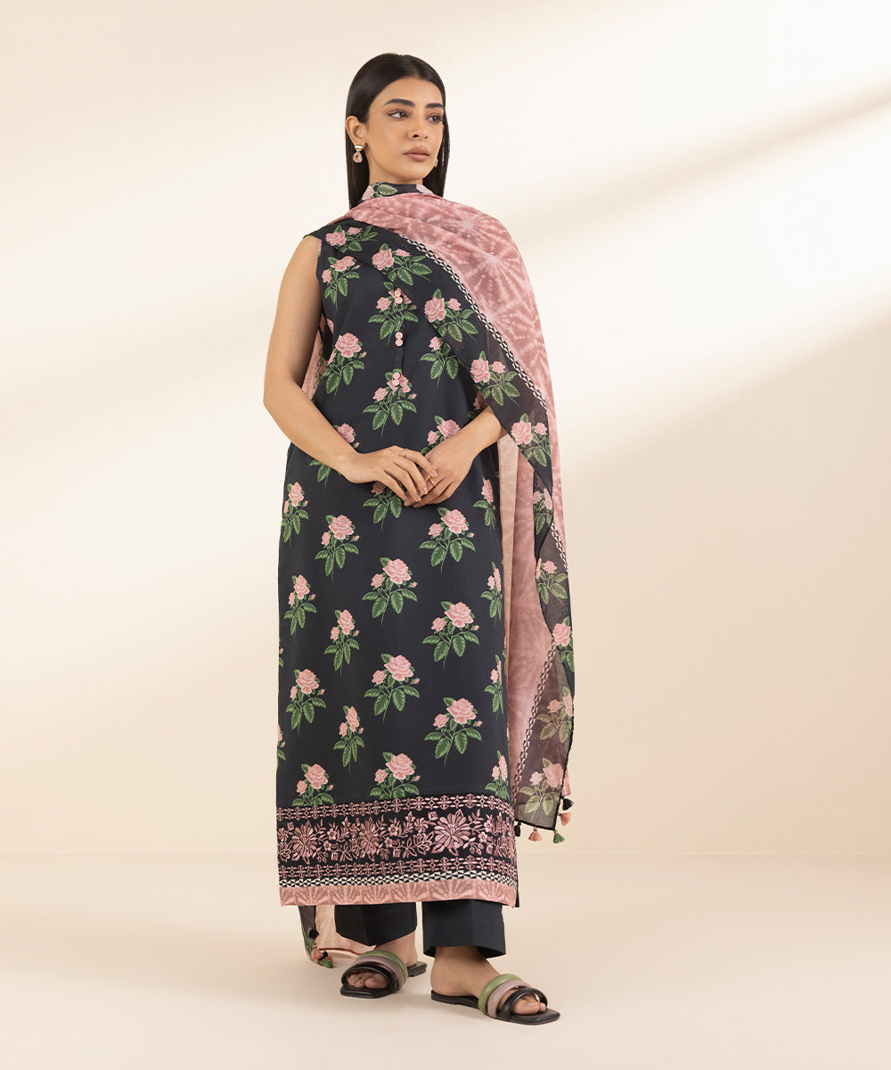 Unstitched Women's Embroidered Lawn Black Shirt Dupatta