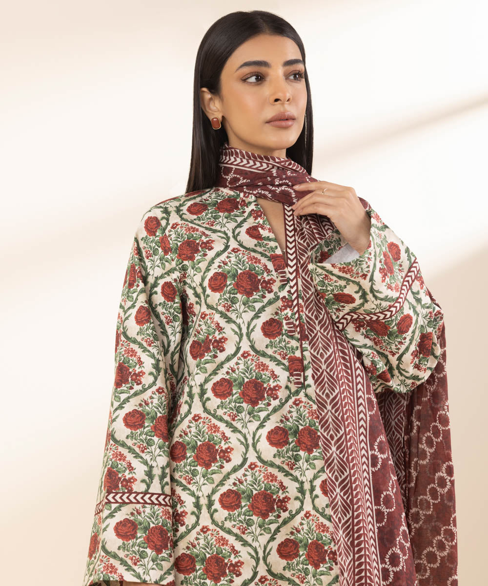 Unstitched Women's Embroidered Lawn Off White Shirt Dupatta