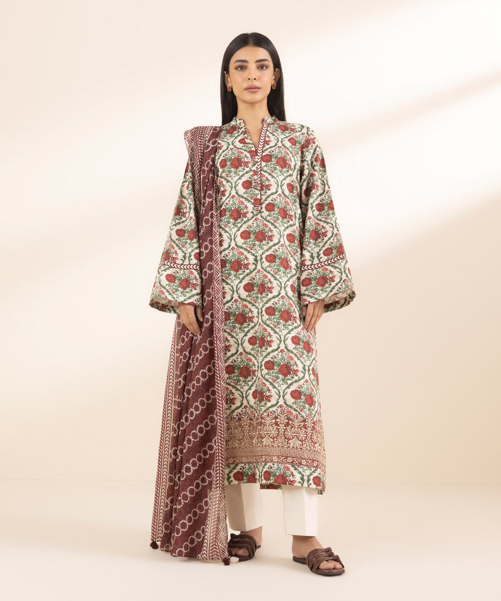Unstitched Women's Embroidered Lawn Off White Shirt Dupatta
