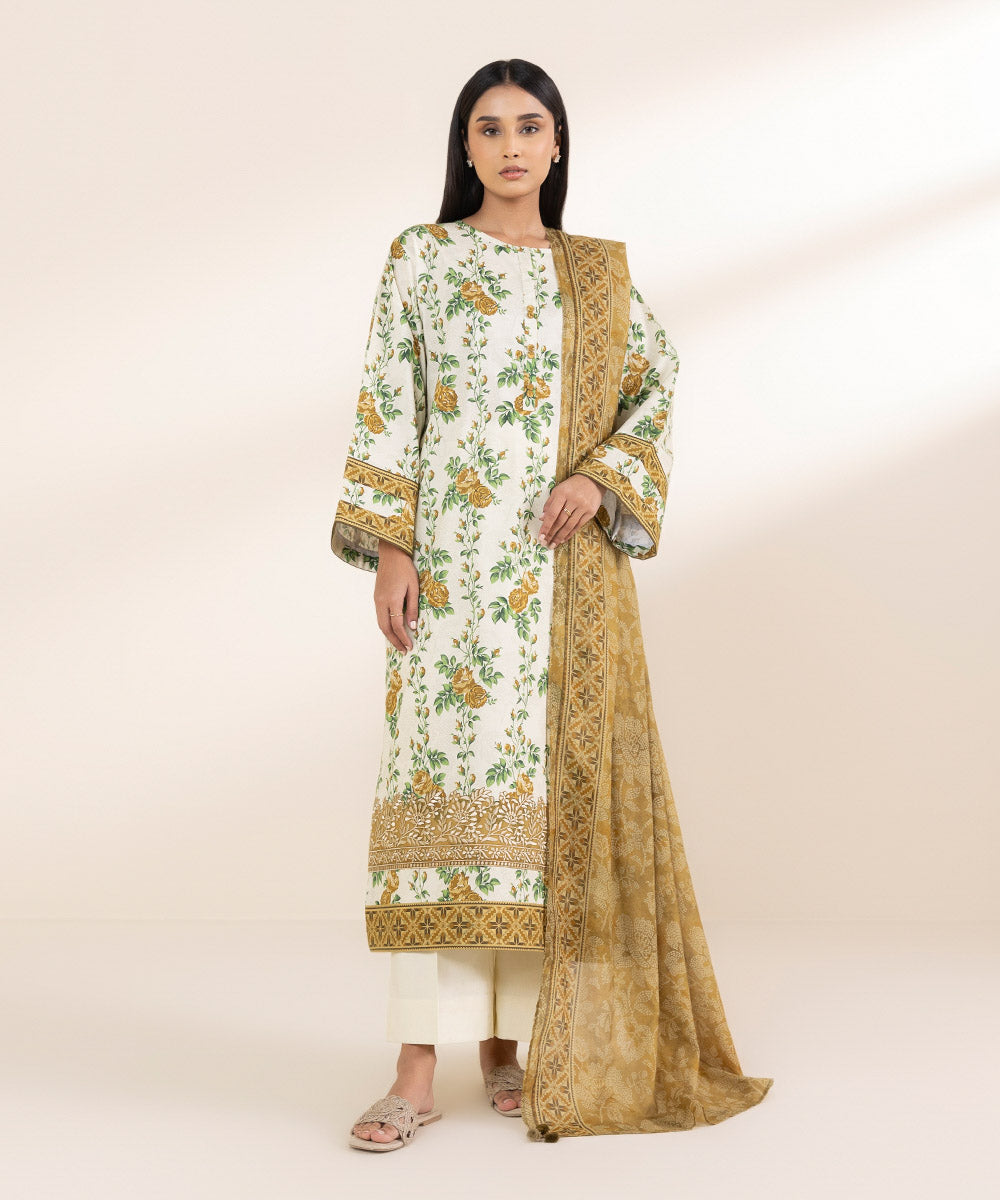 Unstitched Women's Embroidered Lawn Off White Shirt Dupatta