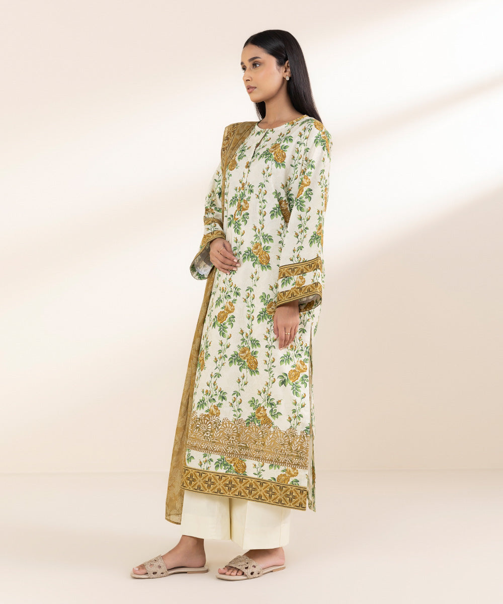 Unstitched Women's Embroidered Lawn Off White Shirt Dupatta