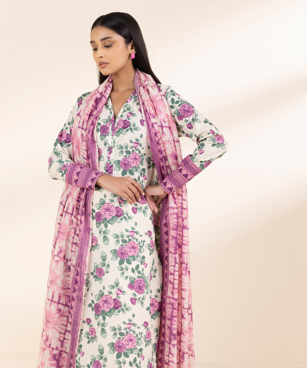 Unstitched Women's Embroidered Lawn Off White Shirt Dupatta