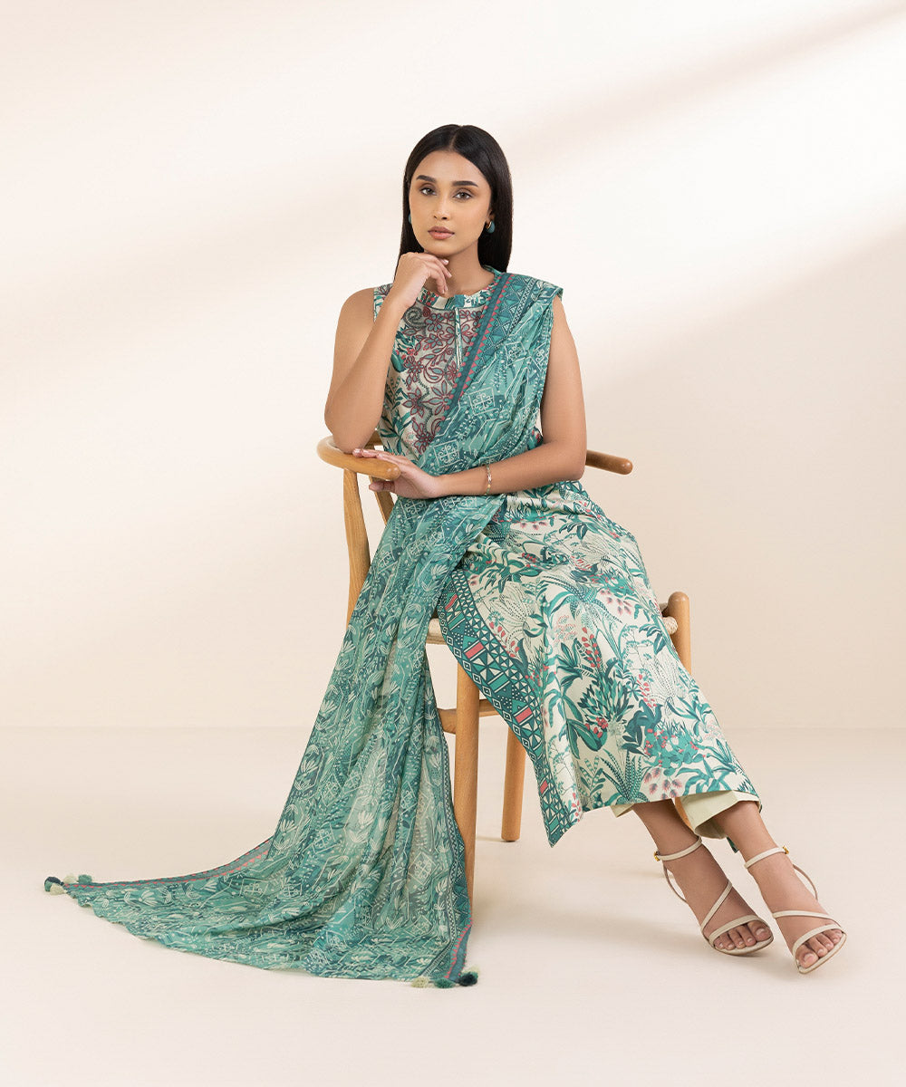 Unstitched Women's Embroidered Lawn Green Shirt Dupatta