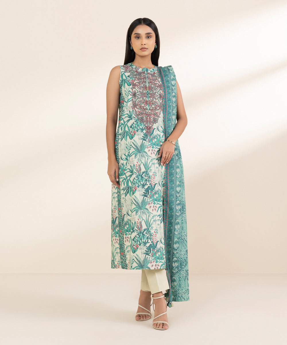 Unstitched Women's Embroidered Lawn Green Shirt Dupatta