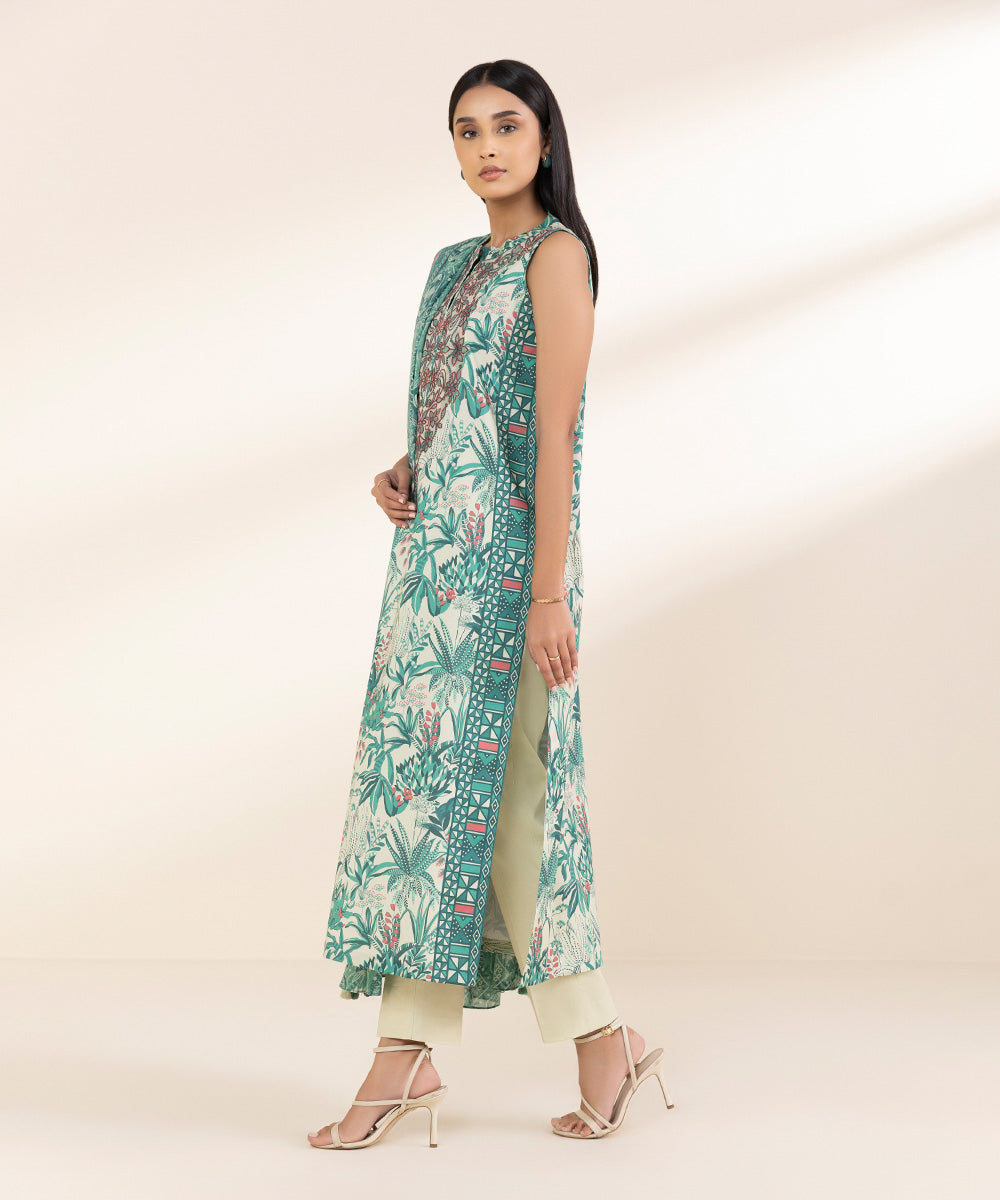 Unstitched Women's Embroidered Lawn Green Shirt Dupatta