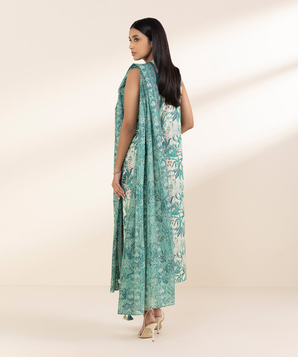 Unstitched Women's Embroidered Lawn Green Shirt Dupatta