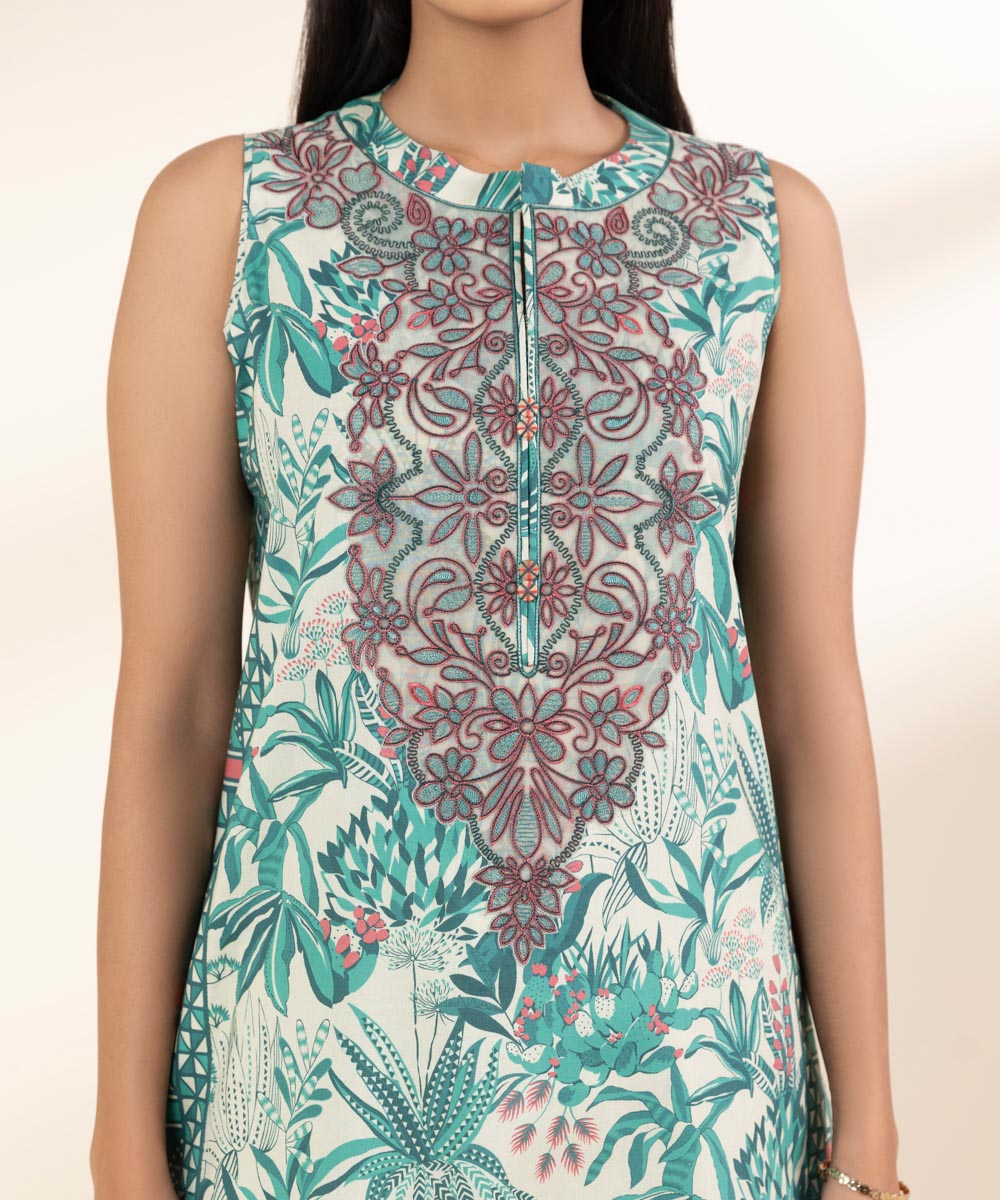 Unstitched Women's Embroidered Lawn Green Shirt Dupatta