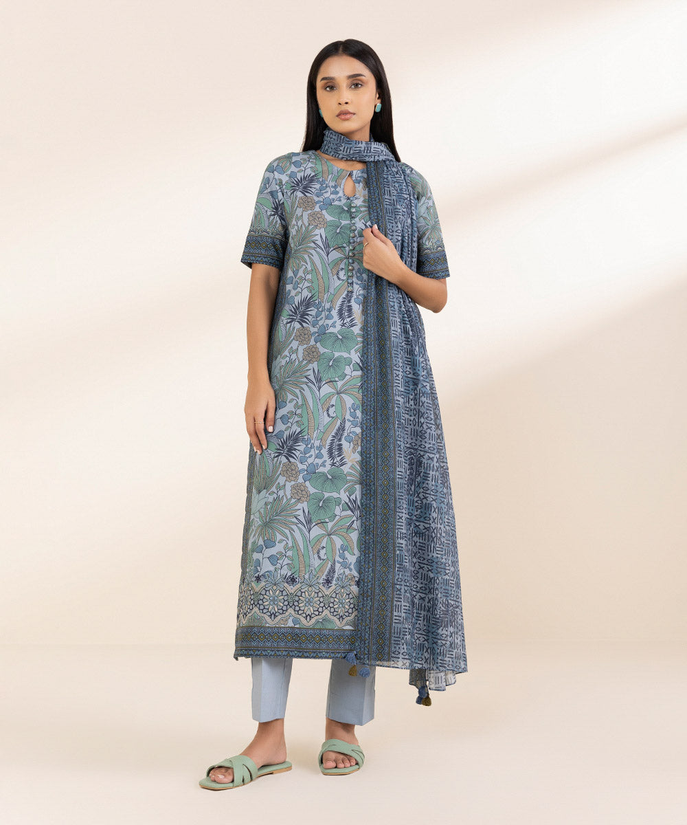Unstitched Women's Embroidered Lawn Blue Shirt Dupatta