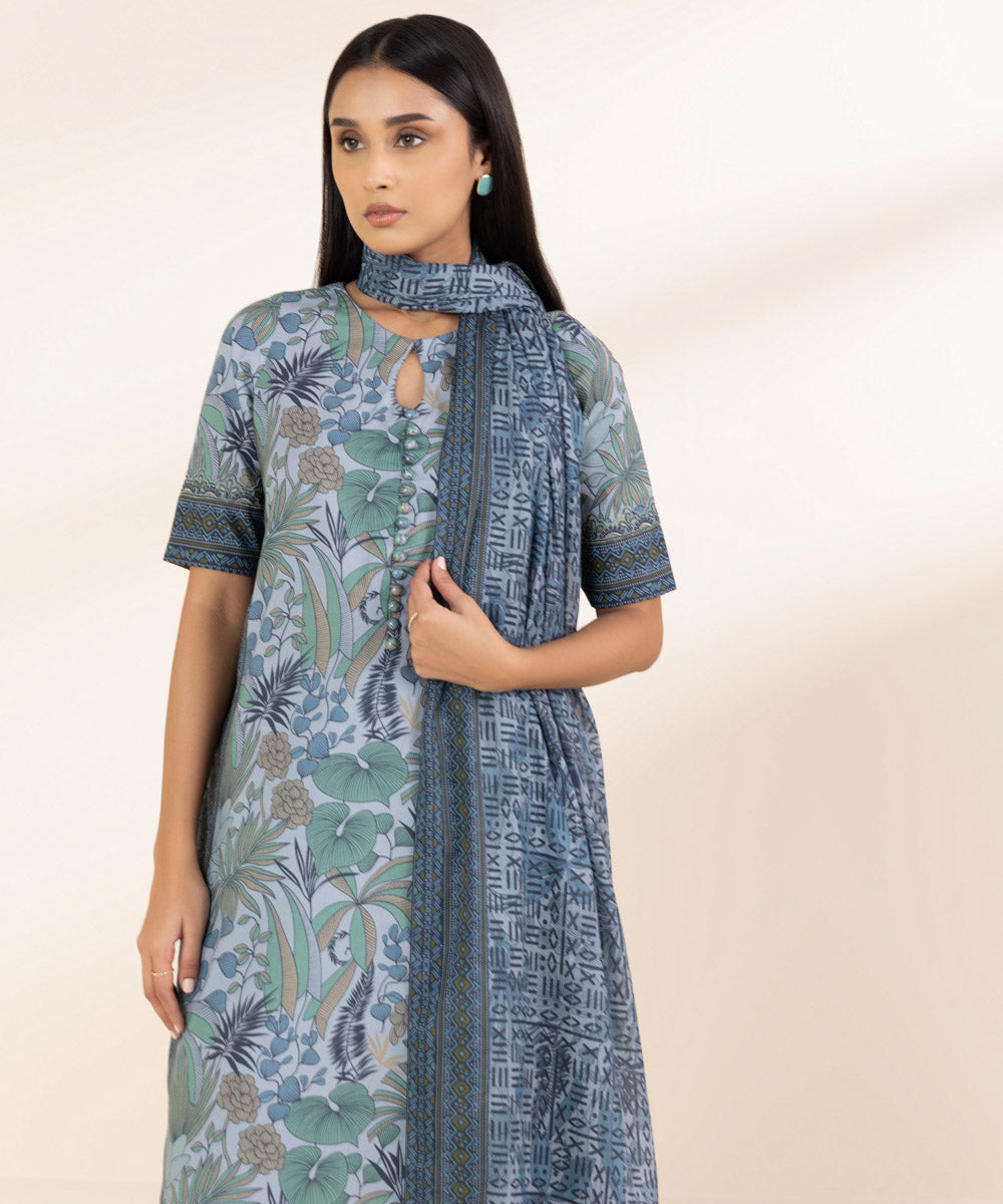 Unstitched Women's Embroidered Lawn Blue Shirt Dupatta