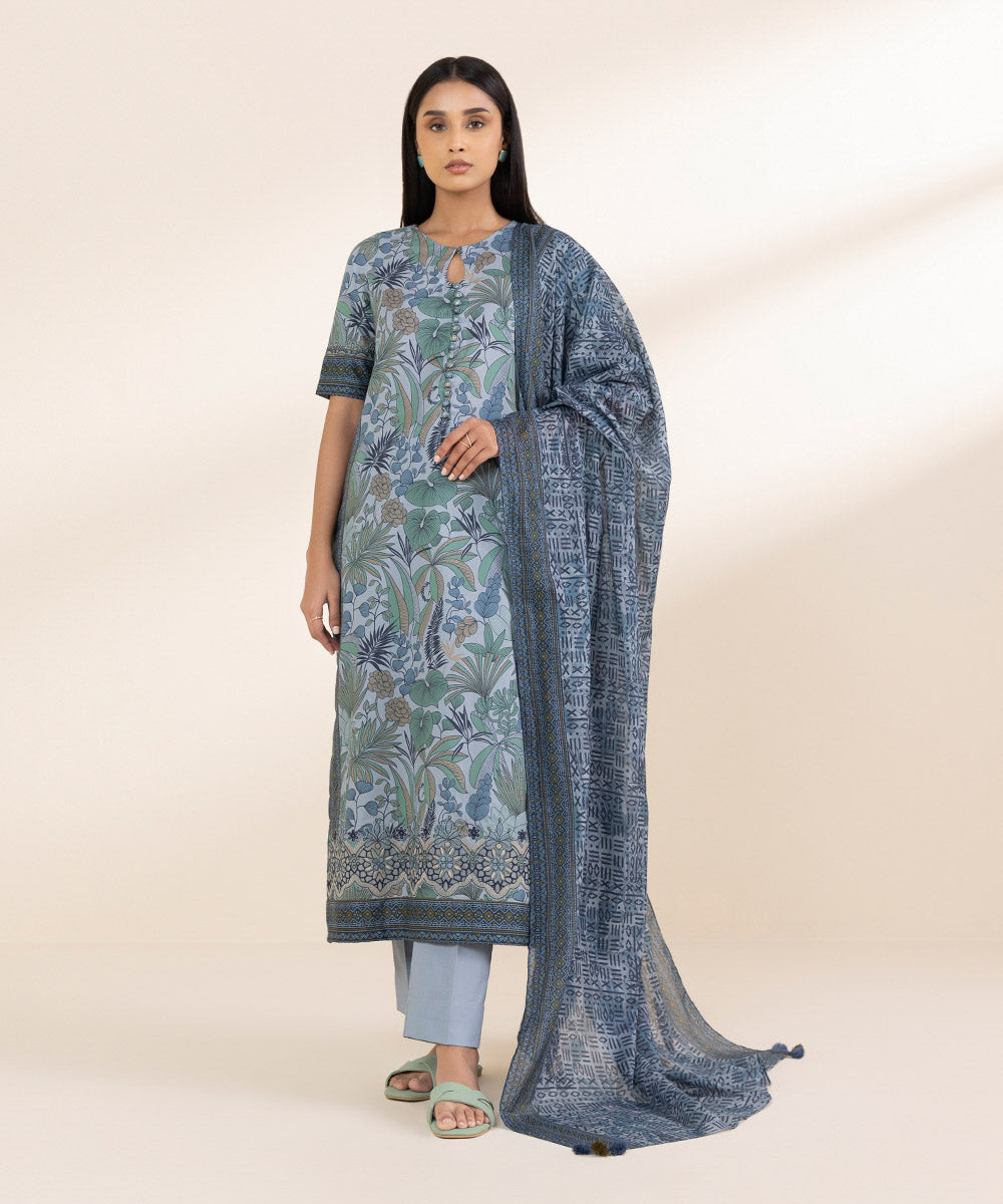 Unstitched Women's Embroidered Lawn Blue Shirt Dupatta
