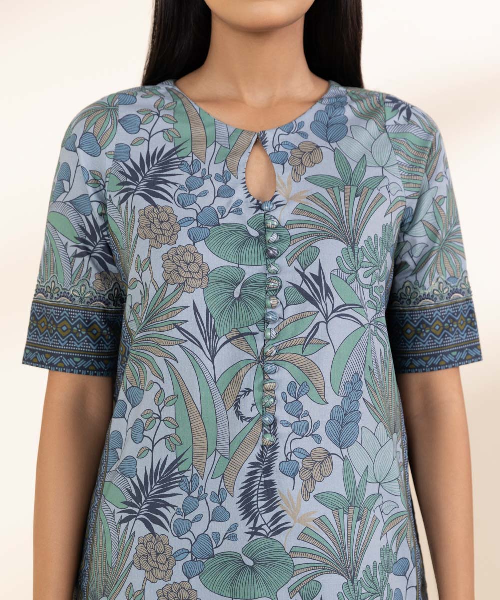 Unstitched Women's Embroidered Lawn Blue Shirt Dupatta
