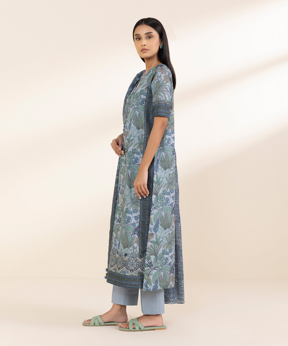 Unstitched Women's Embroidered Lawn Blue Shirt Dupatta