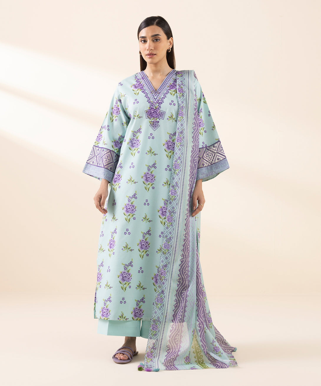Women's Unstitched Lawn Embroidered Blue 2 Piece Suit