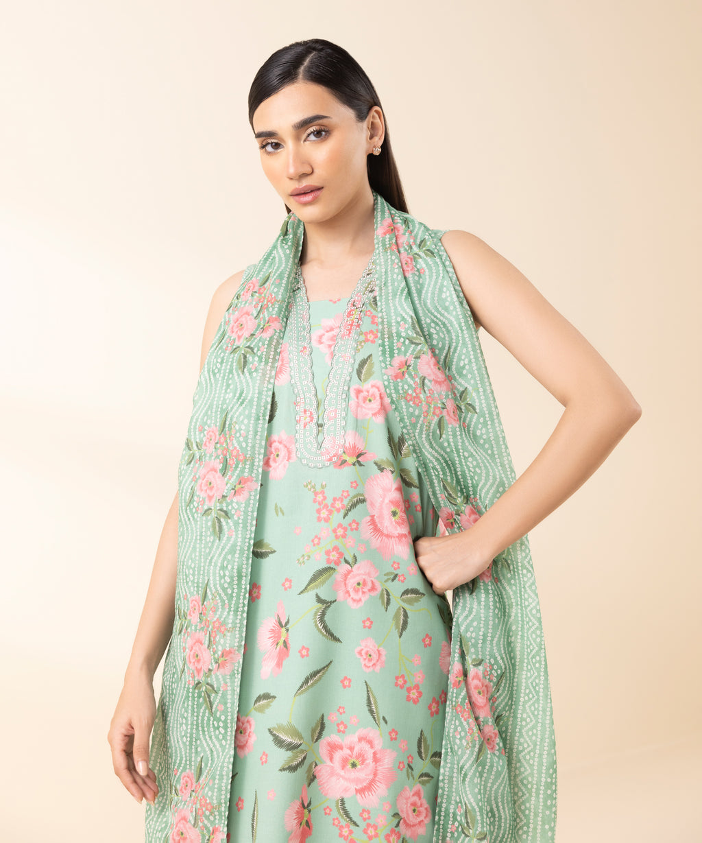 Women's Unstitched Lawn Embroidered Green 2 Piece Suit