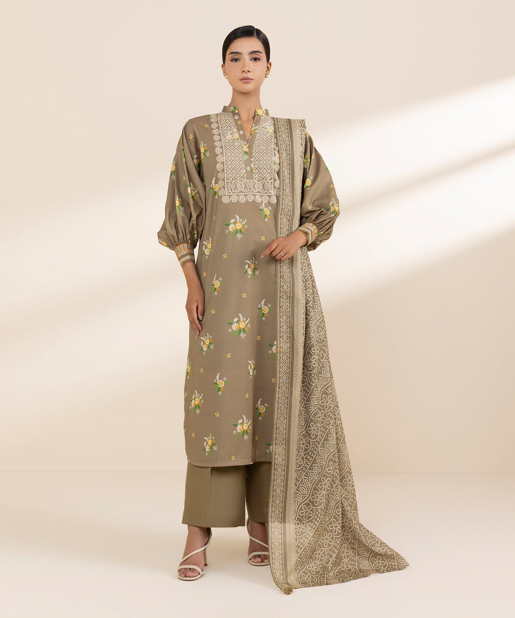 Women's Unstitched Lawn Embroidered Brown 2 Piece Suit