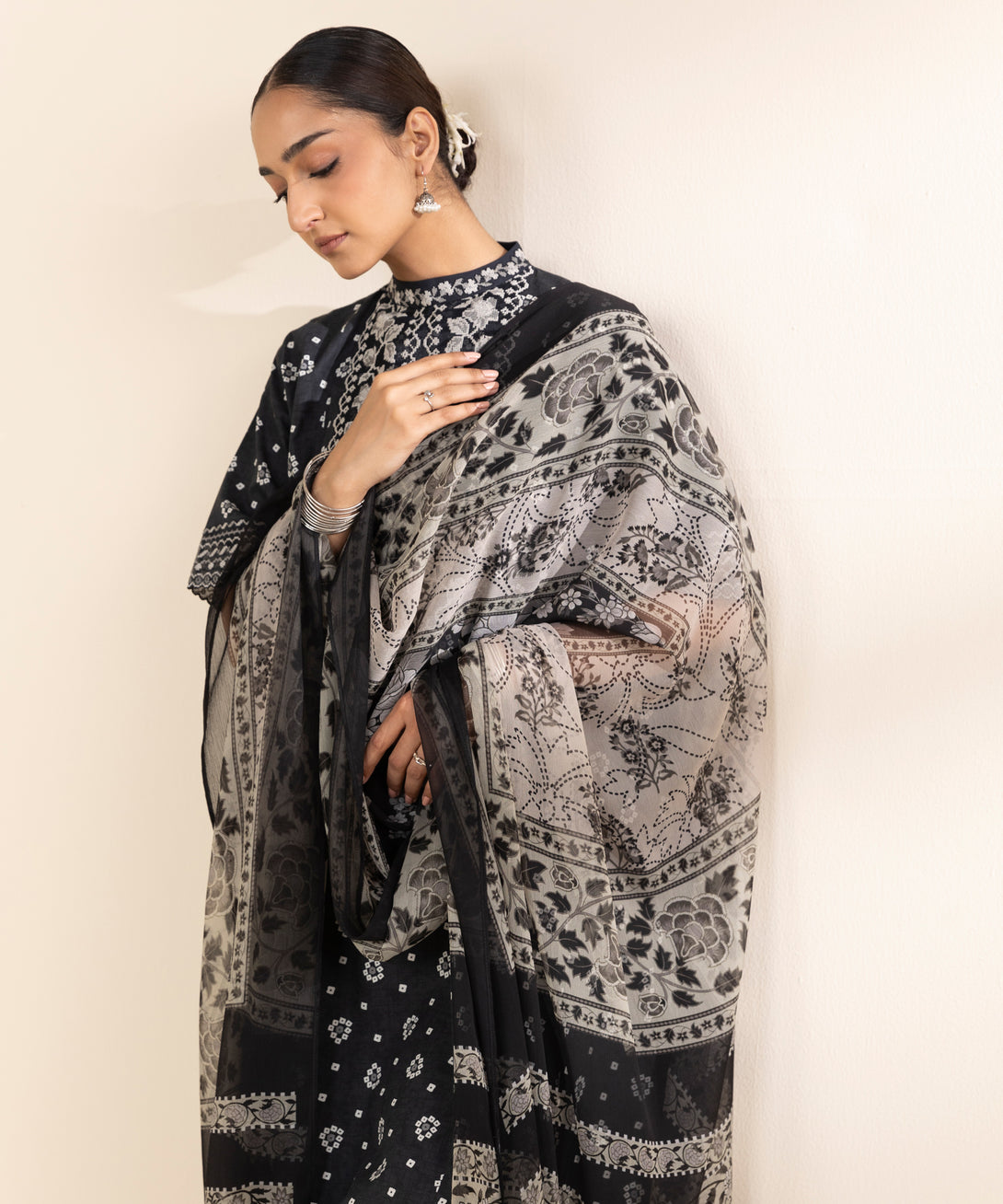 Women's Unstitched Cotton Embroidered Black 2 Piece Suit