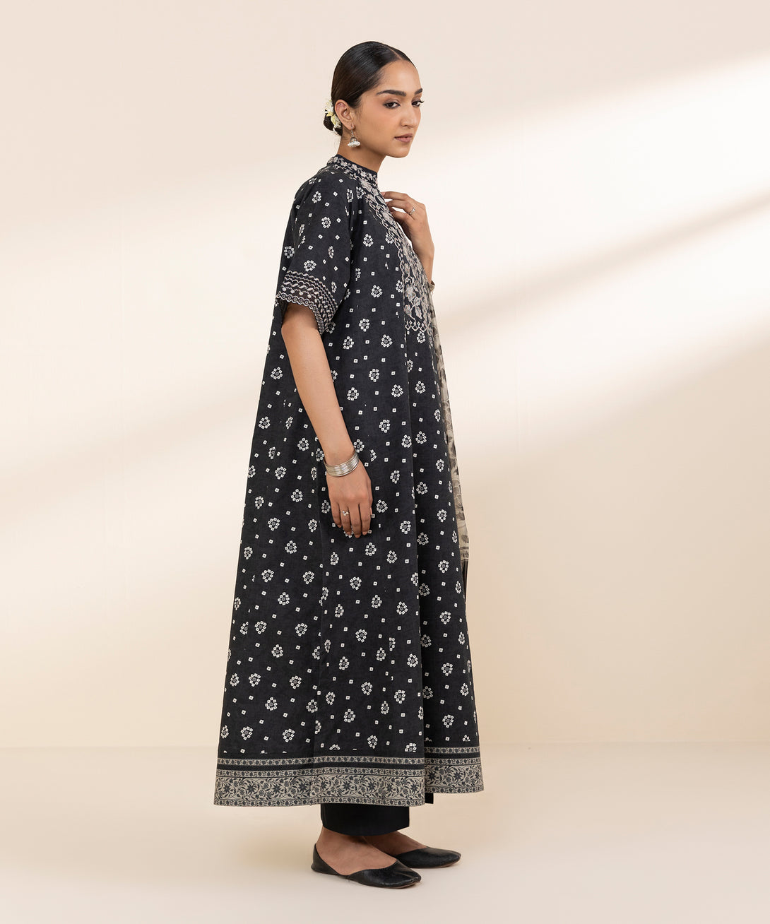 Women's Unstitched Cotton Embroidered Black 2 Piece Suit