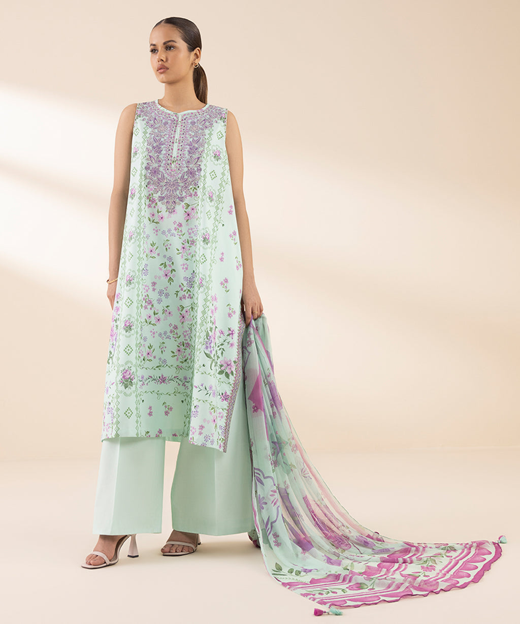 Women's Unstitched Lawn Embroidered Blue 2 Piece Suit
