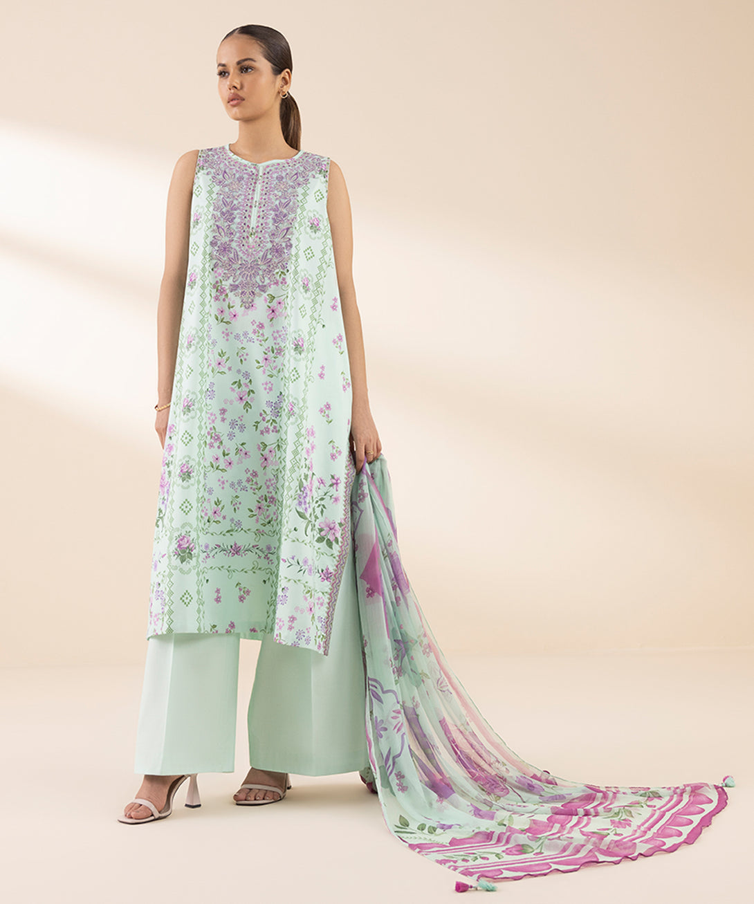 Women's Unstitched Lawn Embroidered Blue 2 Piece Suit