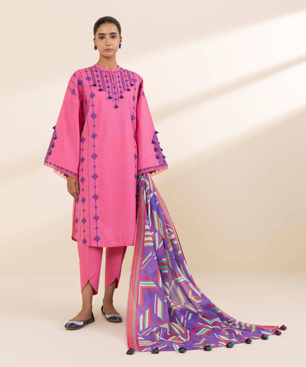 Women's Unstitched Lawn Embroidered Pink 2 Piece Suit