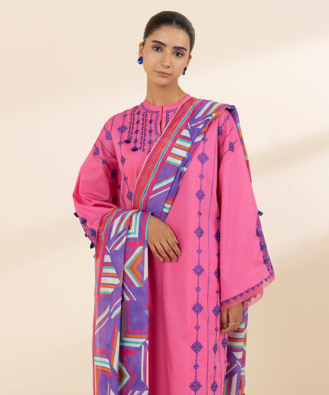 Women's Unstitched Lawn Embroidered Pink 2 Piece Suit