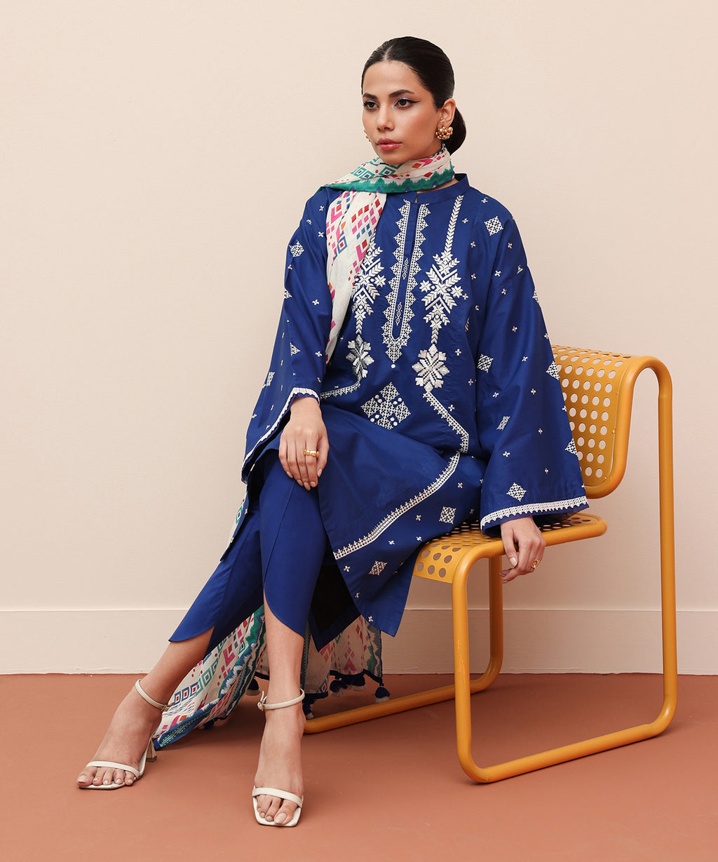 Women's Unstitched Lawn Embroidered Blue 2 Piece Suit