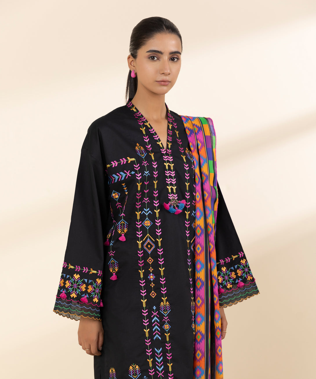 Women's Unstitched Textured Lawn Embroidered Black 2 Piece Suit
