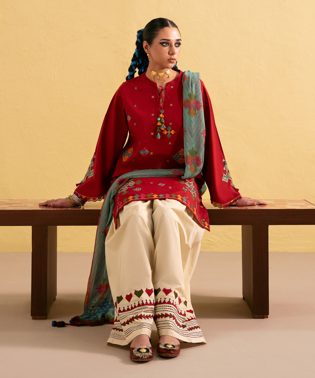 Women's Unstitched Lawn Embroidered Red Two Piece Suit