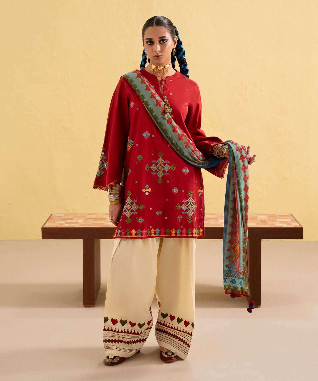 Women's Unstitched Lawn Embroidered Red Two Piece Suit