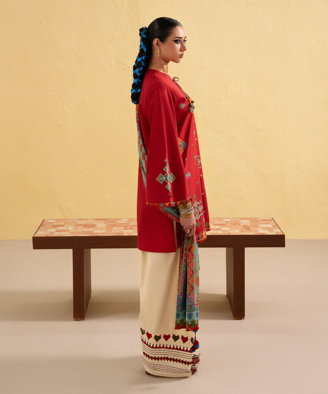 Women's Unstitched Lawn Embroidered Red Two Piece Suit