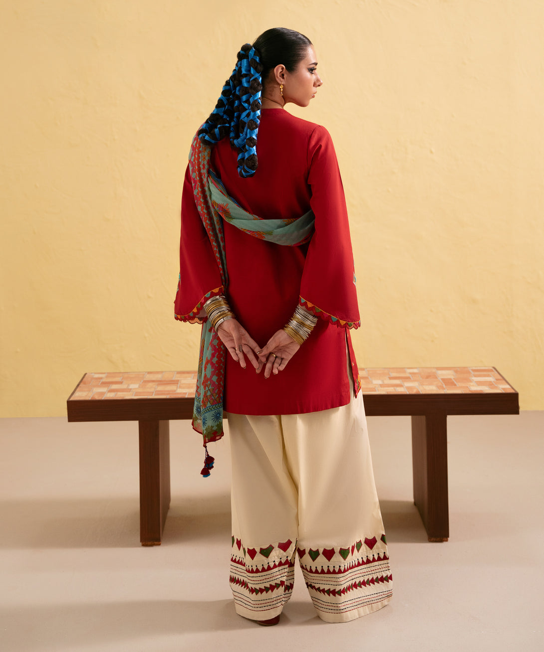 Women's Unstitched Lawn Embroidered Red Two Piece Suit