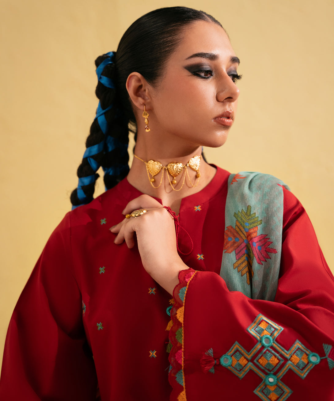 Women's Unstitched Lawn Embroidered Red Two Piece Suit