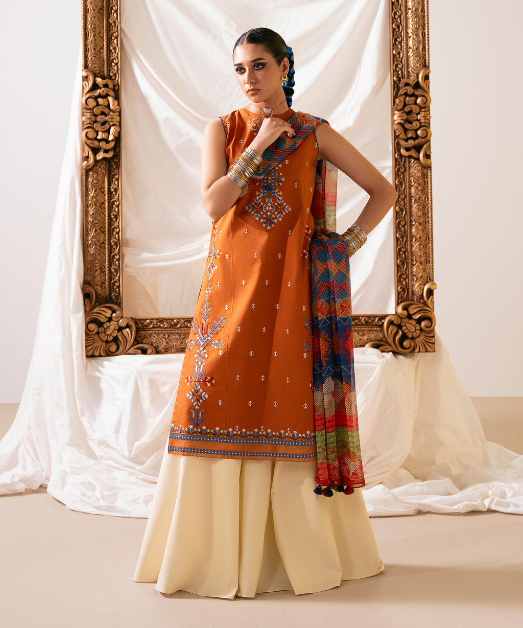 Women's Unstitched Cotton Embroidered Rust Two Piece Suit
