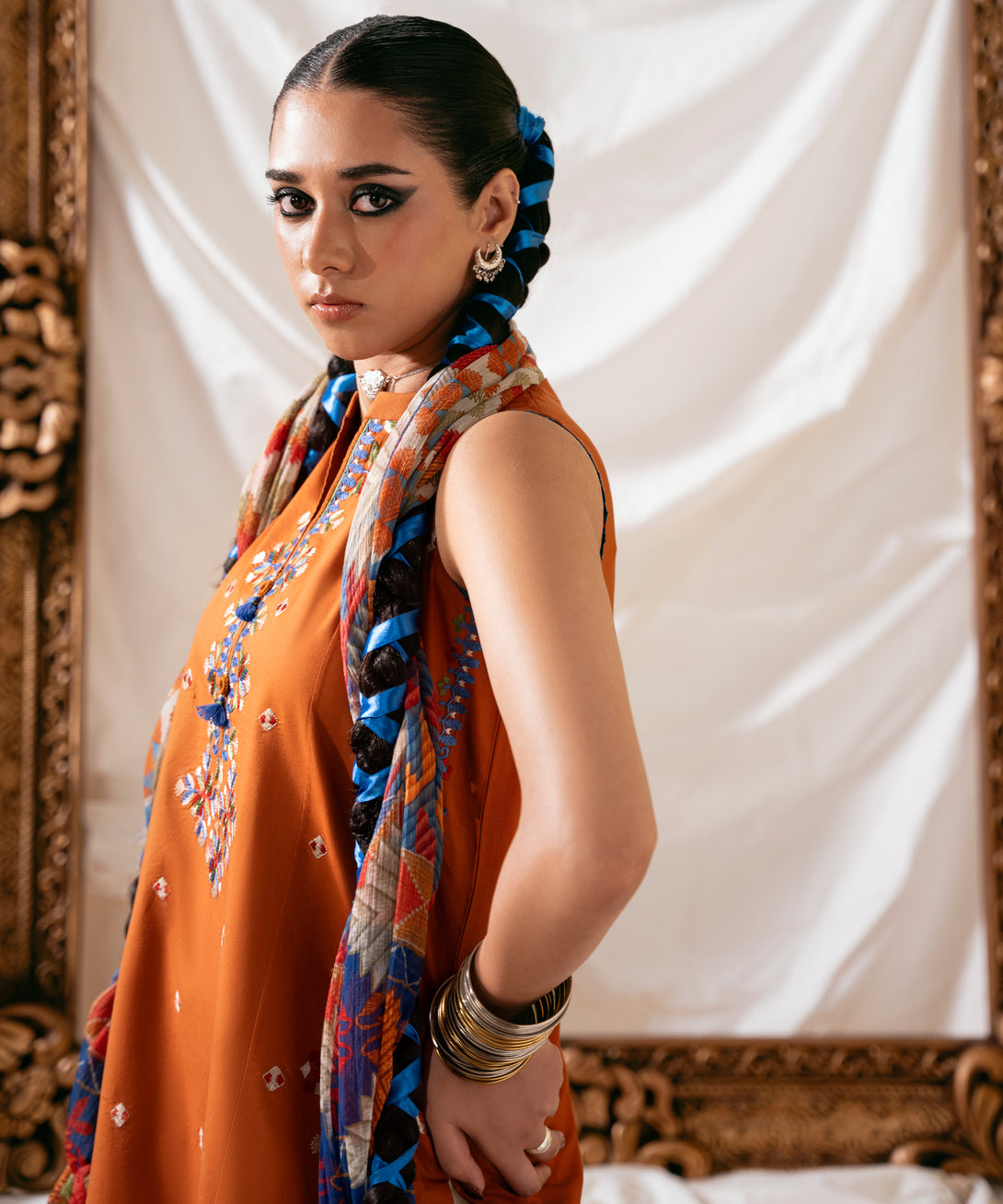 Women's Unstitched Cotton Embroidered Rust Two Piece Suit